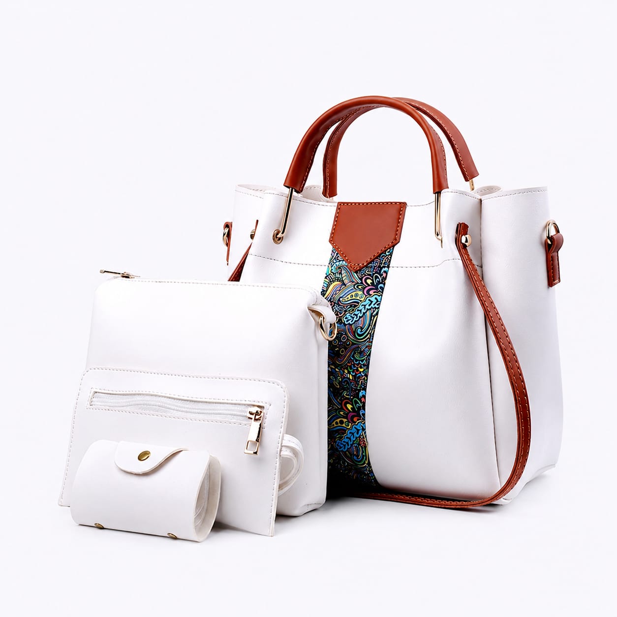 πβ¨ New Arrival β White 4 Pcs PU Leather Handbag Set with Elegant Paisley Design β¨π