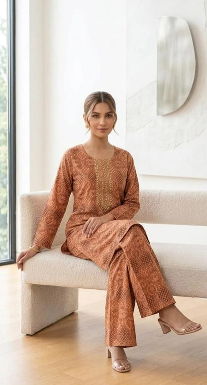 ✨🌸 Peach Block Printed Arabic Lawn 2PC Set 🌸✨