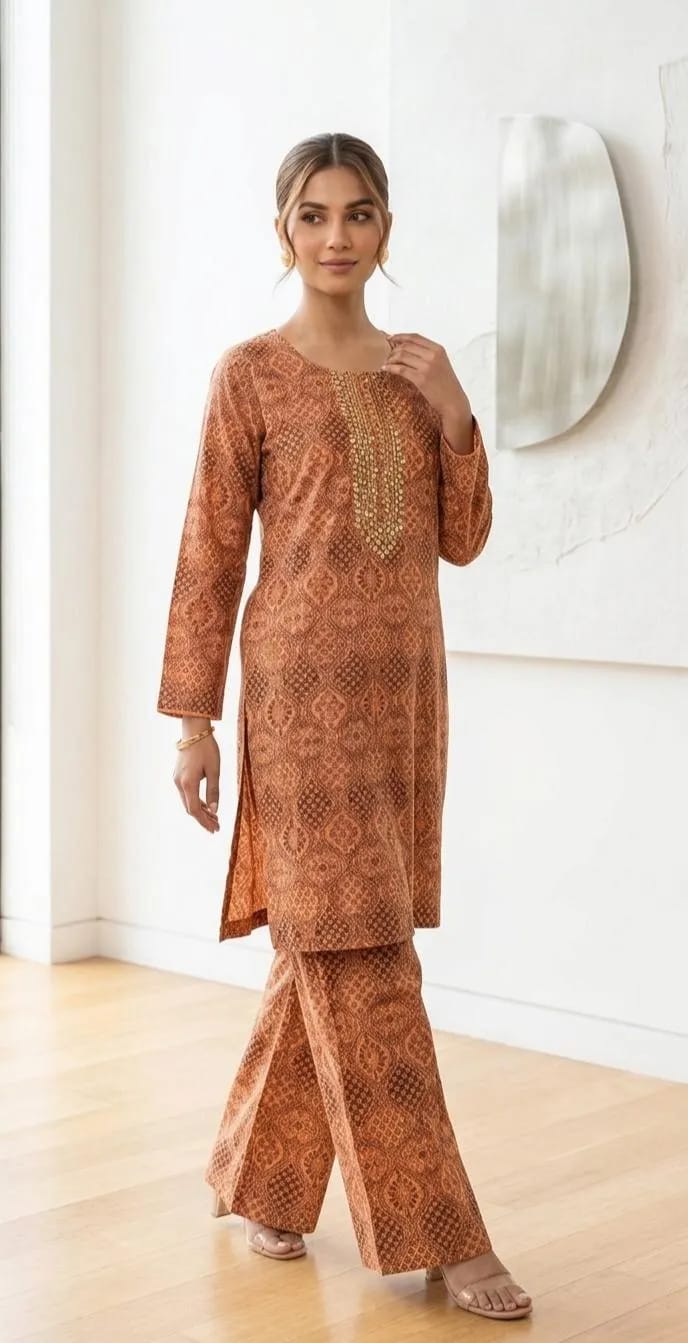 ✨🌸 Peach Block Printed Arabic Lawn 2PC Set 🌸✨