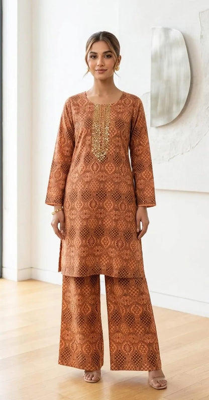 ✨🌸 Peach Block Printed Arabic Lawn 2PC Set 🌸✨