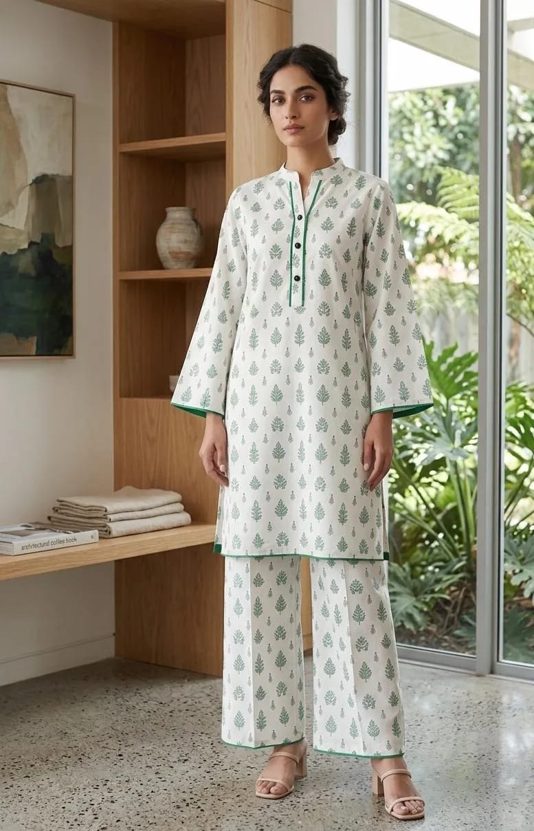 ✨🤍 White Printed Arabic Lawn Kurta Set 🤍✨
