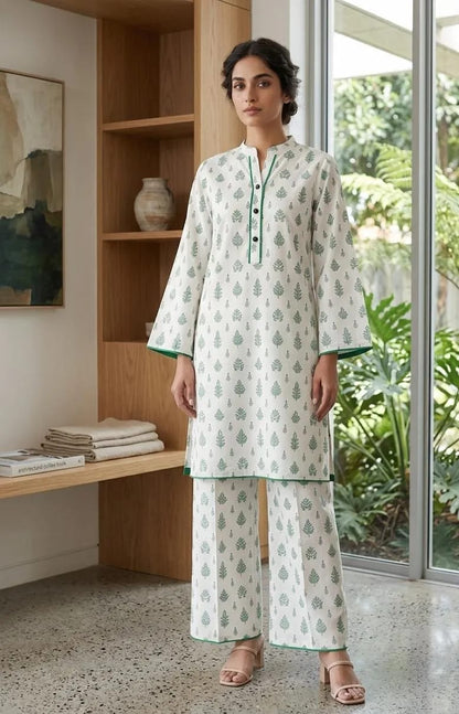 ✨🤍 White Printed Arabic Lawn Kurta Set 🤍✨