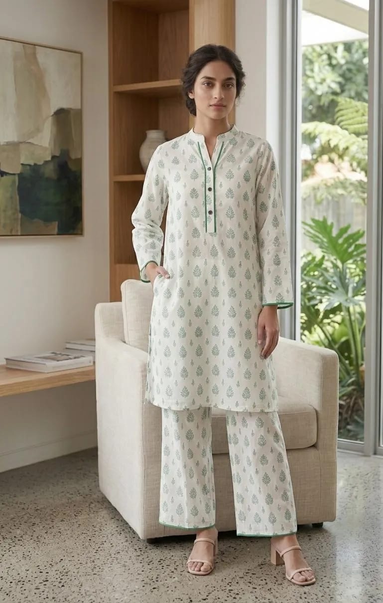 ✨🤍 White Printed Arabic Lawn Kurta Set 🤍✨