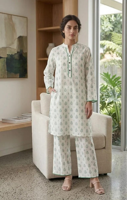 ✨🤍 White Printed Arabic Lawn Kurta Set 🤍✨