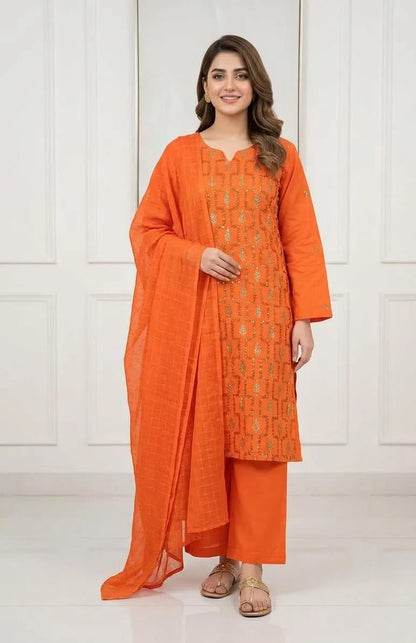 ✨🧡 Orange Embroidered 3PC Cotton Lawn Suit 🧡✨
