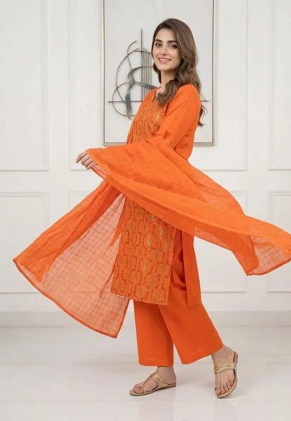 ✨🧡 Orange Embroidered 3PC Cotton Lawn Suit 🧡✨