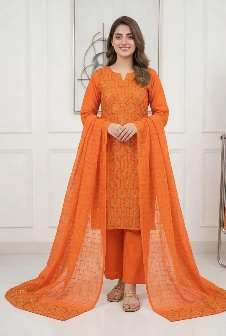 ✨🧡 Orange Embroidered 3PC Cotton Lawn Suit 🧡✨