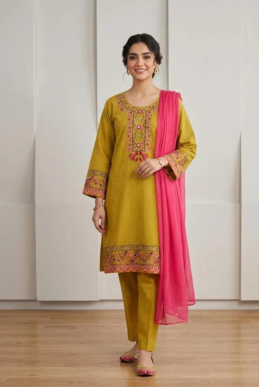 ✨🌸 Multicolor Embroidered Cotton Lawn 3Pcs Set 🌸✨