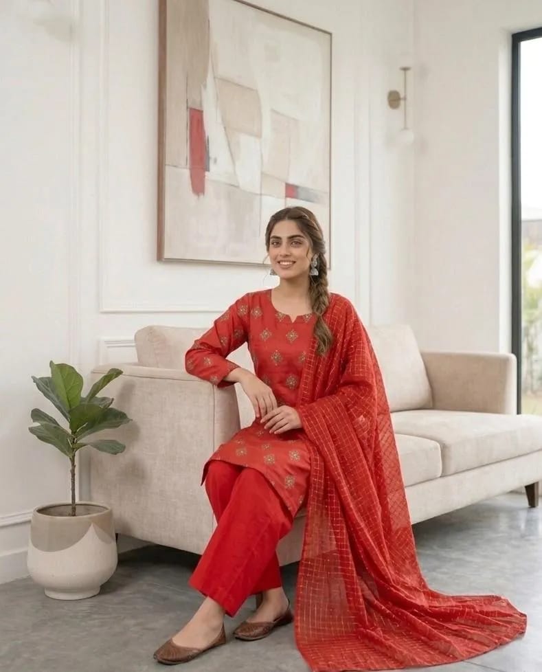 ✨❤️ Red Embroidered Kurta Pajama Set for Women ❤️✨