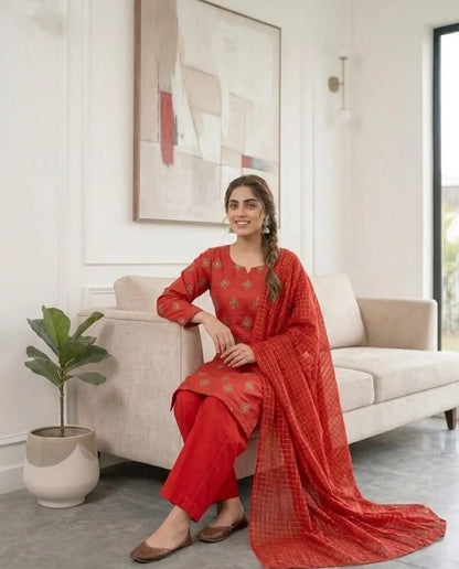 ✨❤️ Red Embroidered Kurta Pajama Set for Women ❤️✨