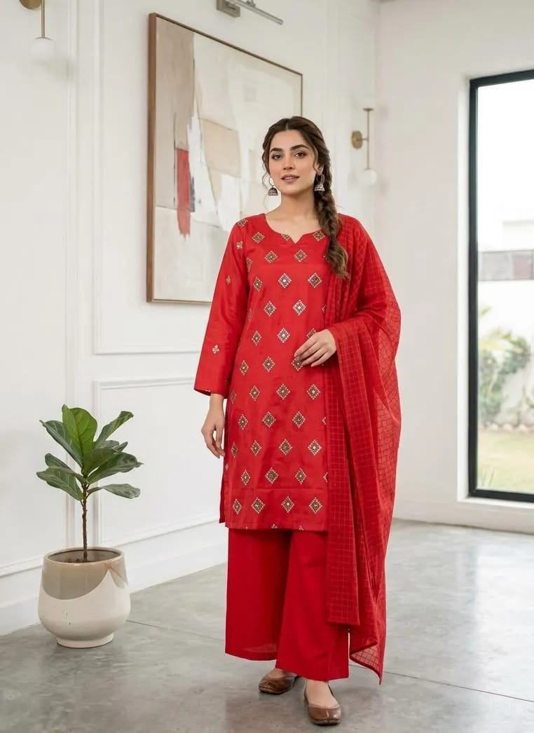 ✨❤️ Red Embroidered Kurta Pajama Set for Women ❤️✨
