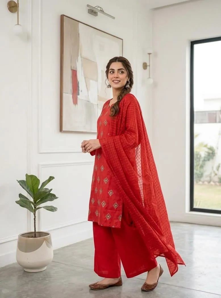 ✨❤️ Red Embroidered Kurta Pajama Set for Women ❤️✨