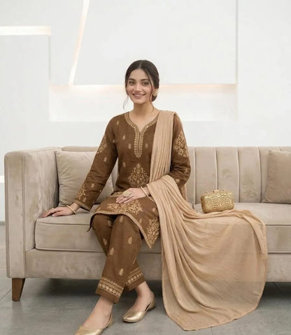 ✨🤎 Brown Embroidered Cotton Lawn 3PC Suit 🤎✨