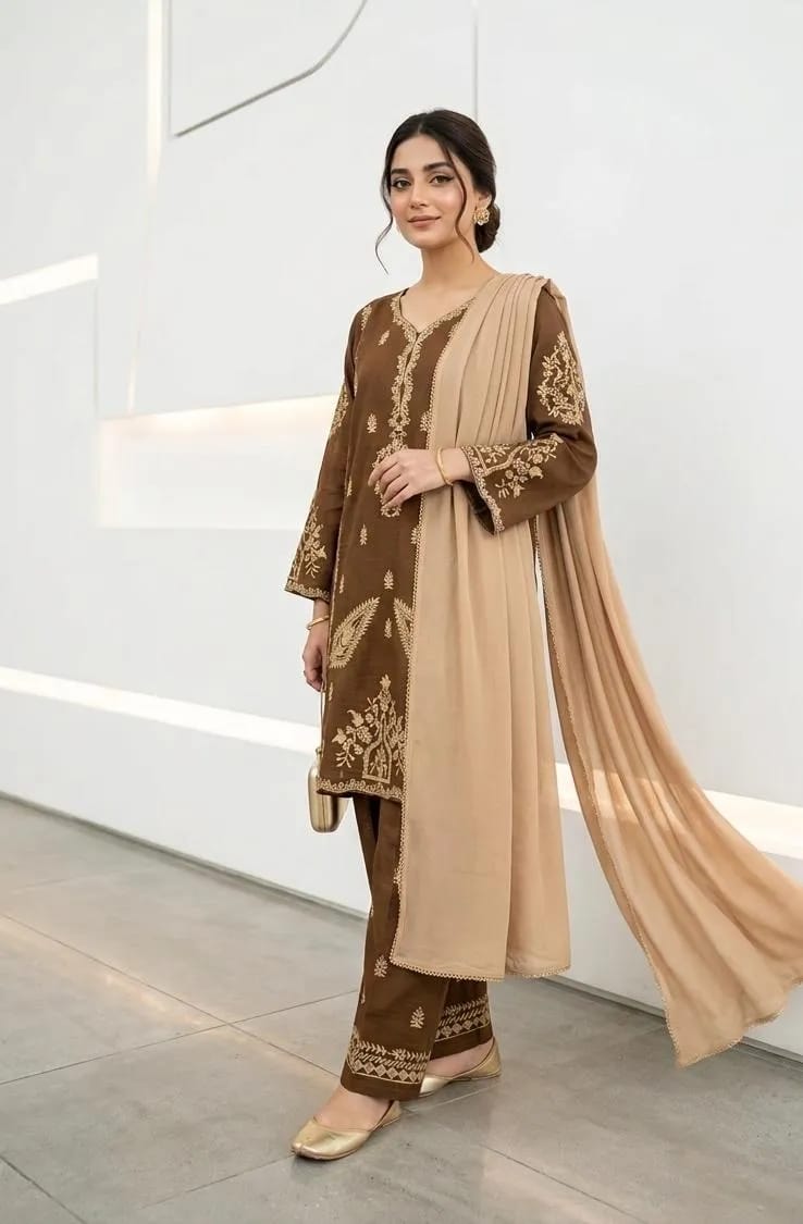 ✨🤎 Brown Embroidered Cotton Lawn 3PC Suit 🤎✨