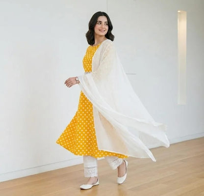 ✨💛 Women Yellow Polka Dot Kurta Set with White Dupatta 💛✨