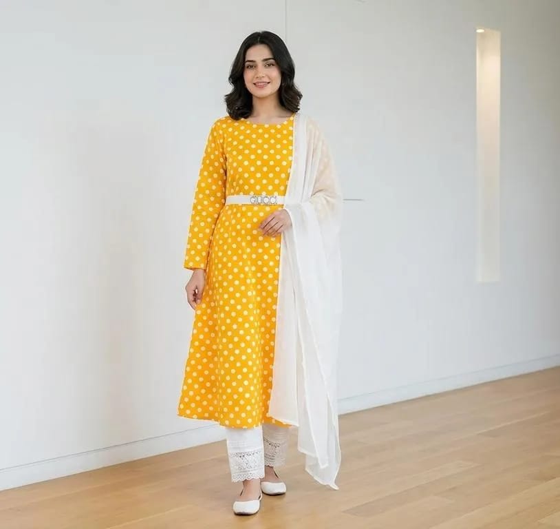 ✨💛 Women Yellow Polka Dot Kurta Set with White Dupatta 💛✨