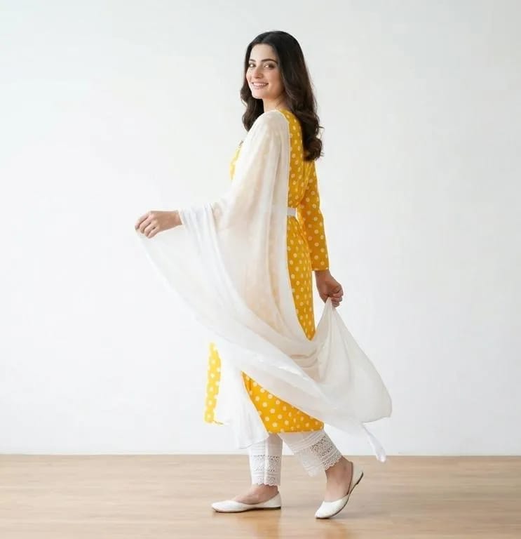 ✨💛 Women Yellow Polka Dot Kurta Set with White Dupatta 💛✨