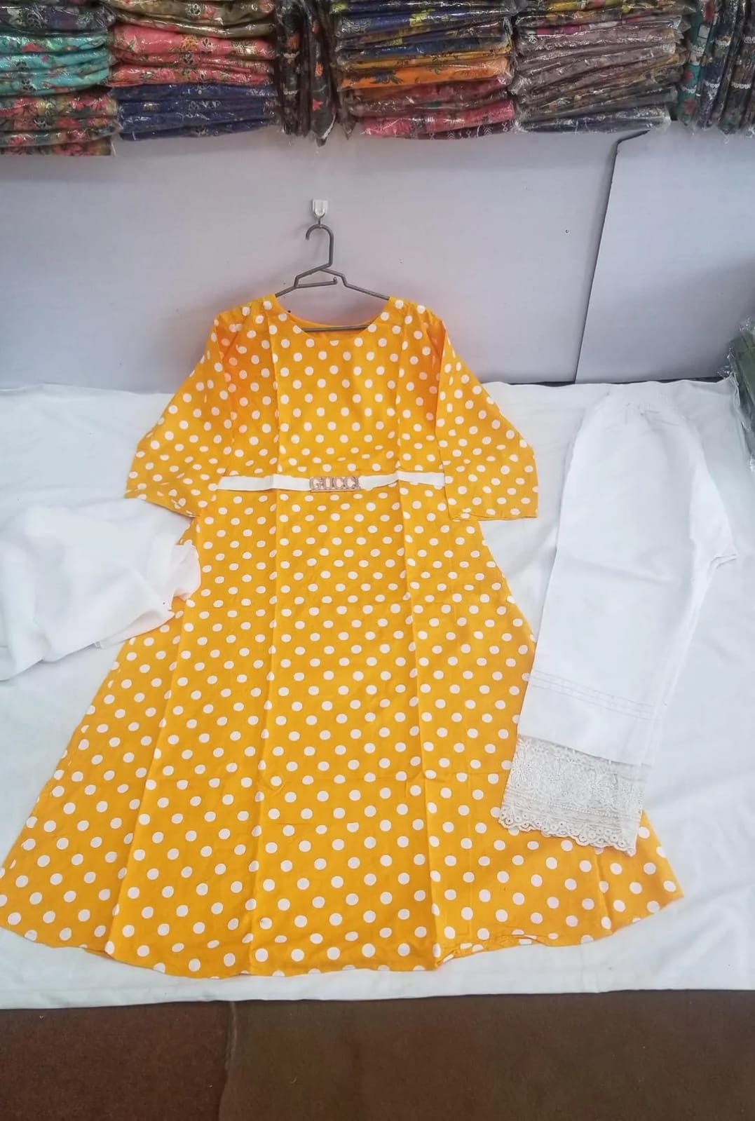 ✨💛 Women Yellow Polka Dot Kurta Set with White Dupatta 💛✨