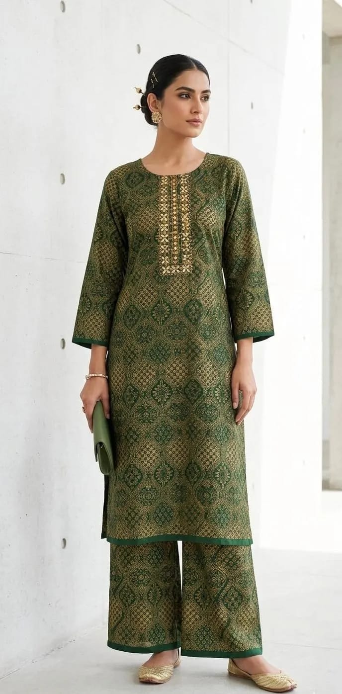 ✨💚 Green Embroidered Kurta Pajama Set for Women 💚✨