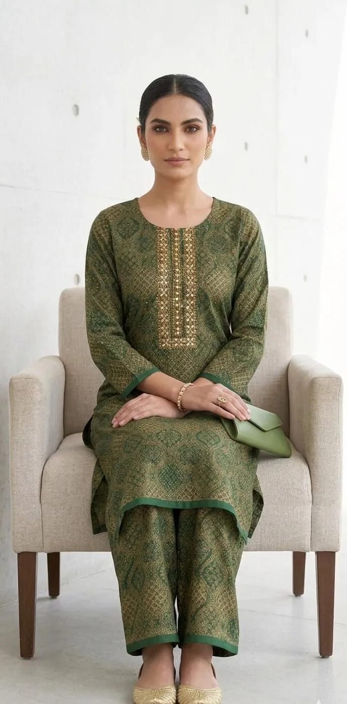 ✨💚 Green Embroidered Kurta Pajama Set for Women 💚✨