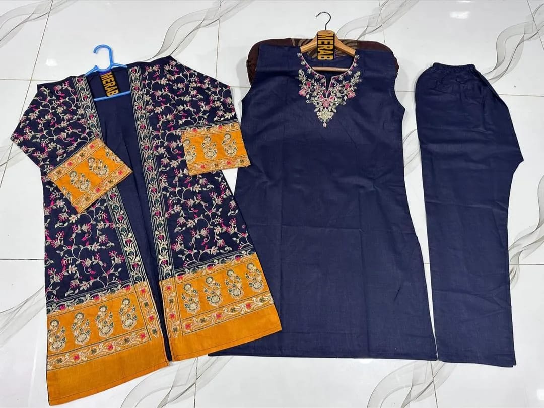 ✨💙 Blue Embroidered 3-Piece Cotton Suit 💙✨