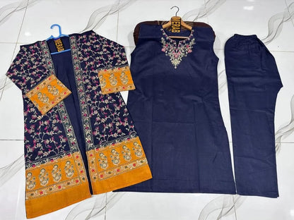 ✨💙 Blue Embroidered 3-Piece Cotton Suit 💙✨