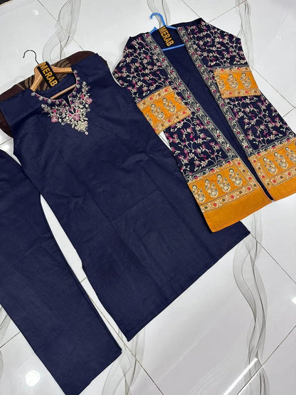 ✨💙 Blue Embroidered 3-Piece Cotton Suit 💙✨